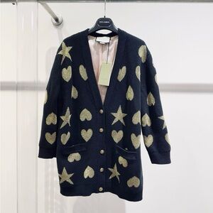 Authentic Gucci Black Cardigan with Gold Heart and Star Accents